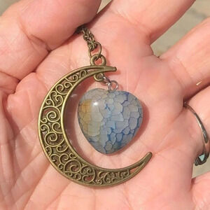 Handmade White & Blue Dragon Vein Agate Heart Moon Bronze Tone Necklace